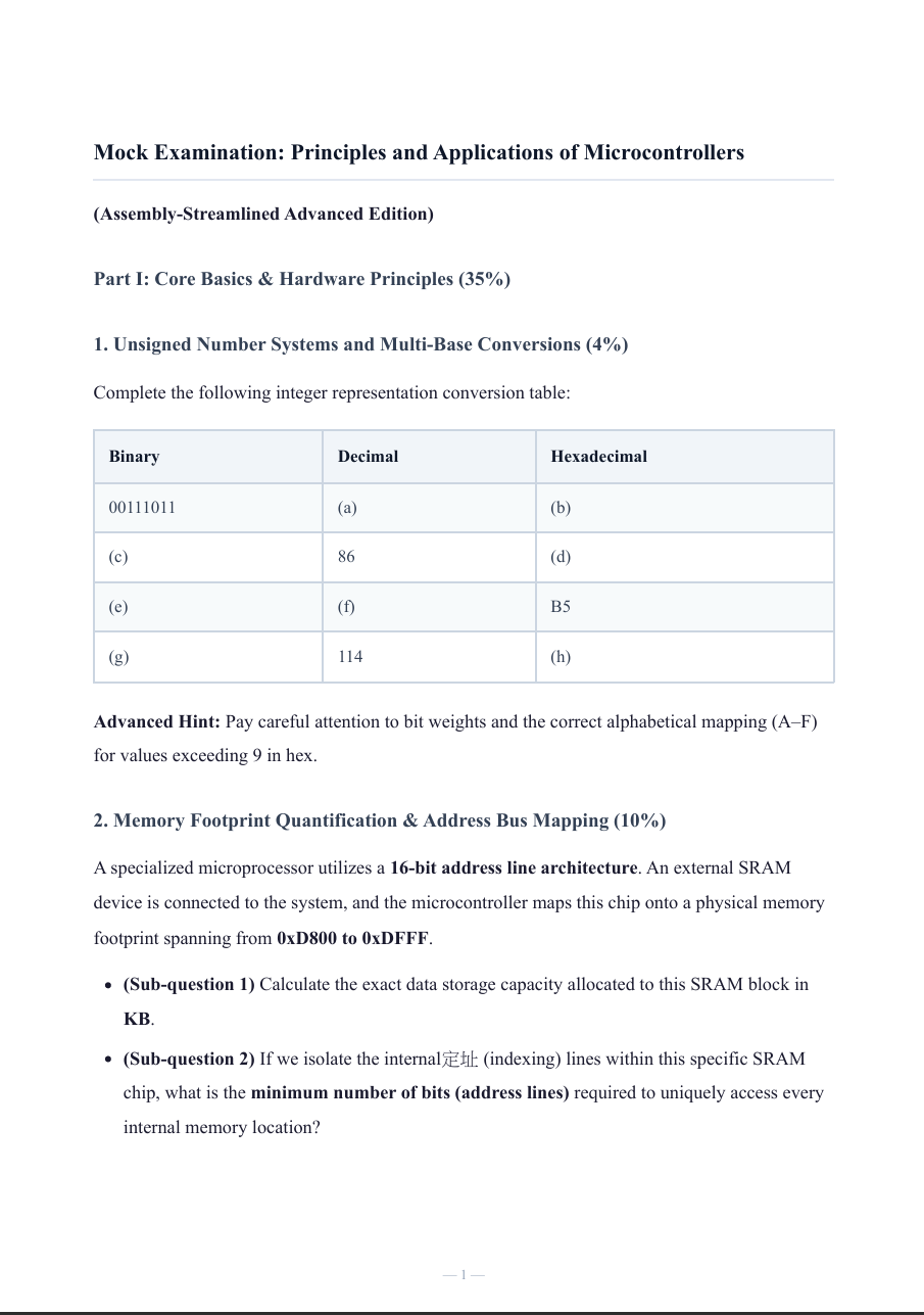 A real microcontroller mock examination report formatted in ∂paper